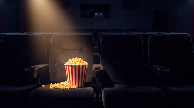 Dramatic spotlight on a popcorn bucket and scattered kernels on a dark theater armrest for moody movie promotions.