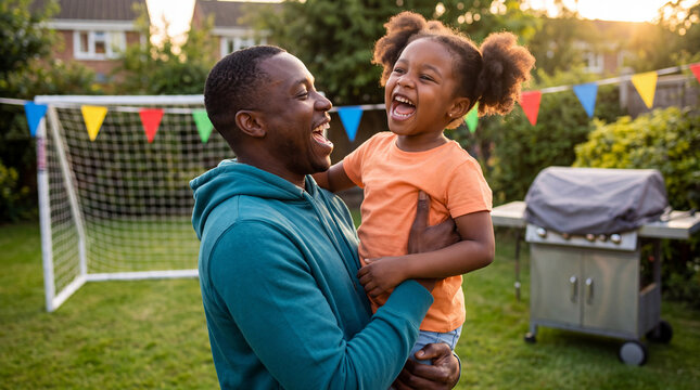 Father catching his daughter in a joyful touchdown celebration at sunset for game day campaign use.