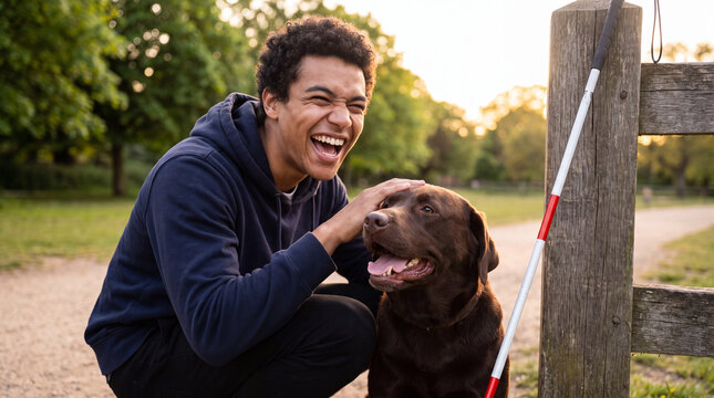 A person with a white cane pets a chocolate Labrador guide dog beside a wooden fence for World Braille Day advocacy.