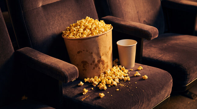 Crumpled popcorn bucket spilling kernels onto a theater armrest and seat with an empty cup for casual movie content.