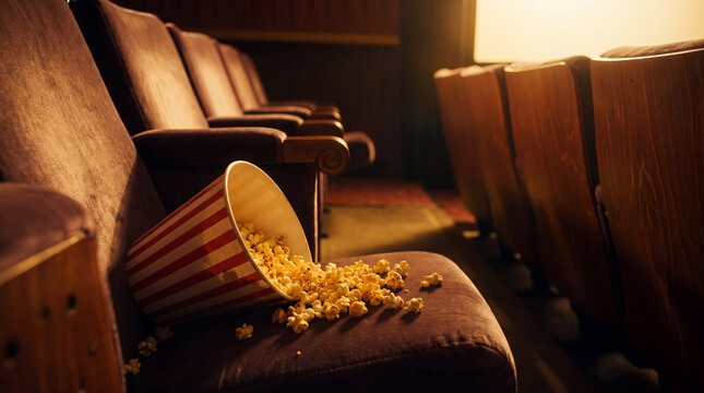 Wide low angle of a tipped popcorn bucket on a theater armrest in a dim auditorium with screen glow for event ads.