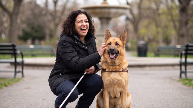 A visually impaired woman pets her German shepherd guide dog near a park fountain for World Braille Day awareness visuals.