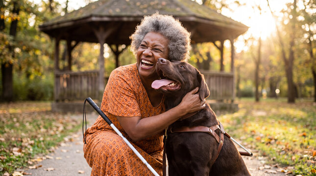 An older woman with a white cane laughs with a chocolate Labrador guide dog near a gazebo for Braille Day advocacy imagery.