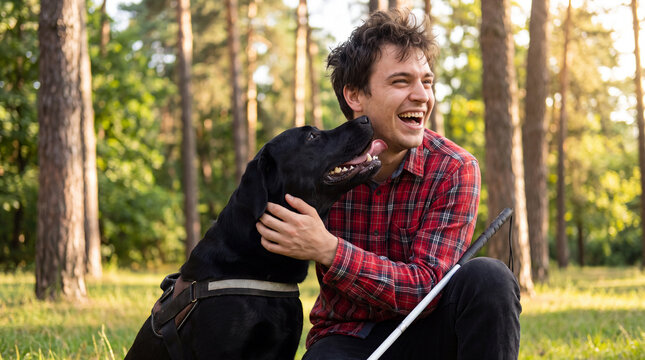 A visually impaired man pets his black Labrador guide dog in a pine tree park with a white cane for Braille Day campaigns.