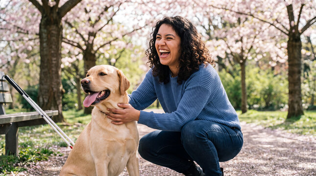 A woman with a white cane laughs with a yellow Labrador guide dog under cherry blossoms for World Braille Day spring content.