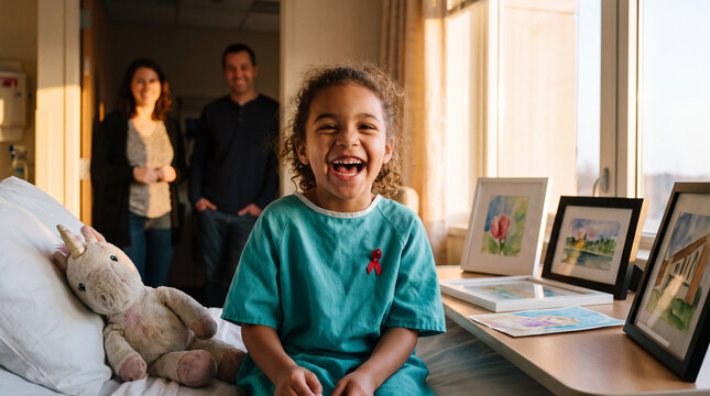 A young girl with a red ribbon pin laughs brightly with a unicorn toy and paintings for AIDS awareness campaign visuals.