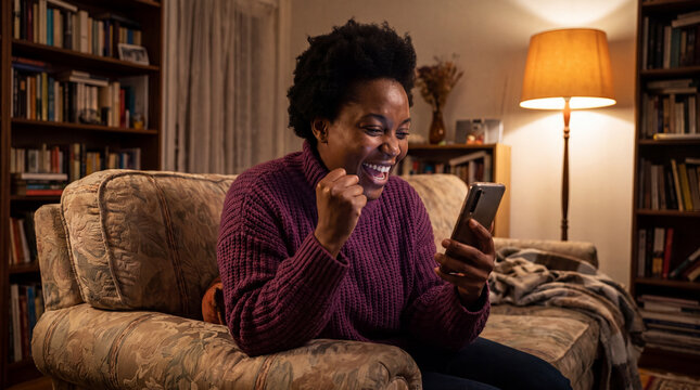A woman leans forward cheering at Black Friday deals on her smartphone in a warmly lit living room for campaign ads.