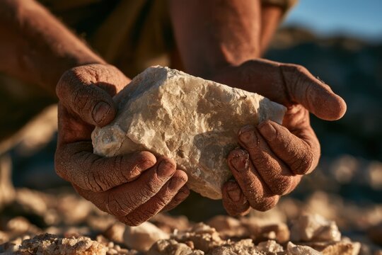 Weathered hands holding a rough quartz specimen above rocky ground during fieldwork