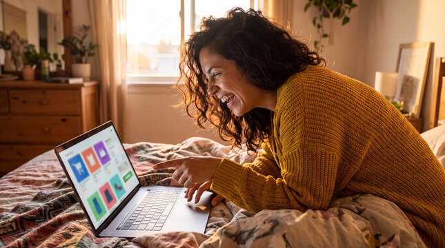 A woman in a mustard cardigan excitedly shops Black Friday deals on her laptop in a sunlit bedroom for campaign use.