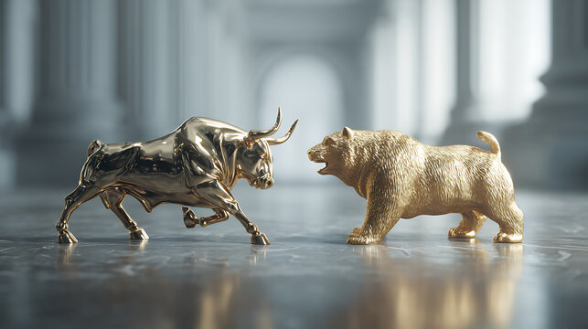 Bull and bear visualized as prestigious stock market emblems in a formal financial environment shaped by global capital, institutional trust, and strategic power, high-end corporate setting developed 