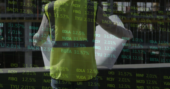 Image of stock market over caucasian male worker holding blueprint at building site