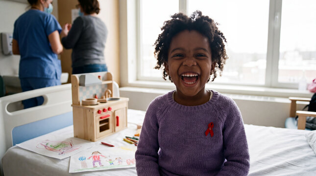 A young girl wearing a red ribbon pin laughs surrounded by toys and drawings in a hospital room for AIDS Day campaigns.