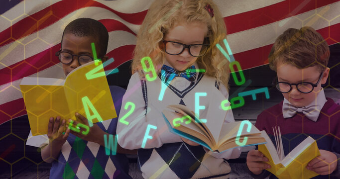 Image of letters moving over school children reading books against american flag