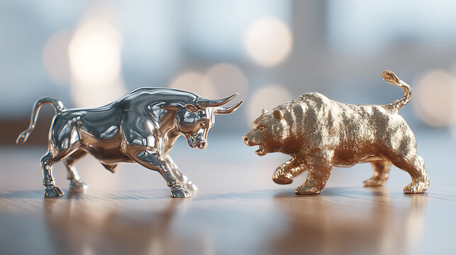 Bull and bear visualized as symbolic emotional markers of rising belief and falling certainty across repeated market behavior patterns, disciplined modern finance environment created for investment ed
