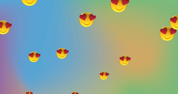 Floating heart-eyed emojis on colorful background, creating joyful atmosphere