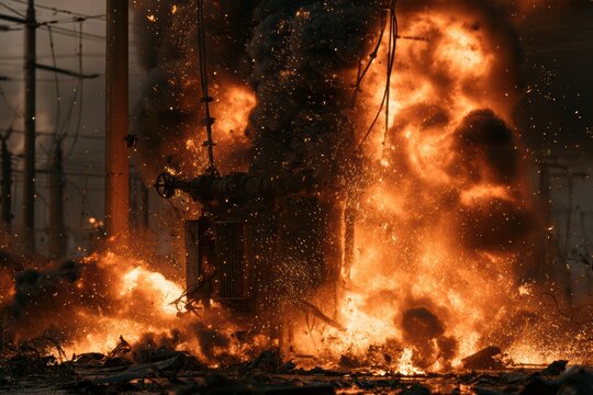 Transformer exploding in flames, sending sparks through a damaged electrical substation