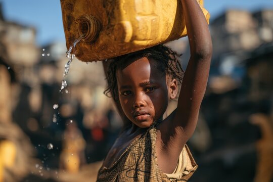 Girl carrying a leaking water container overhead, highlighting water scarcity in a settlement