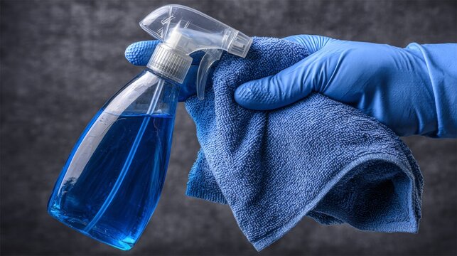 A hand wearing a blue glove holds a clear spray bottle filled with blue liquid and a blue microfiber cloth against a dark.