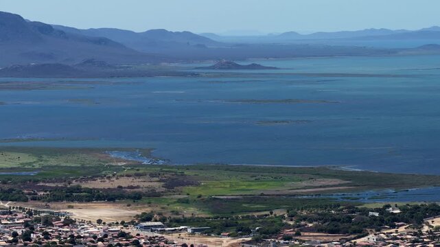 Aerial view of Remanso town and Sobradinho Reservoir lake in Bahia, Brazil