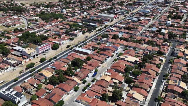 Aerial view over the town of Remanso with red tile roofs in Bahia Brazil