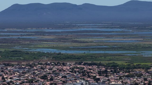 Aerial view of Remanso town and Sobradinho Reservoir, Brazil.
