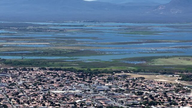 Aerial view of Remanso town and Sobradinho Reservoir in Bahia Brazil