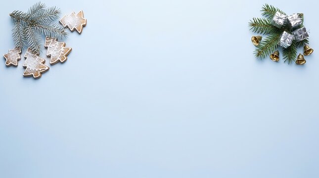 Christmas background with gingerbread tree cookies, fir branches, silver gift boxes, and gold bells on light blue surface