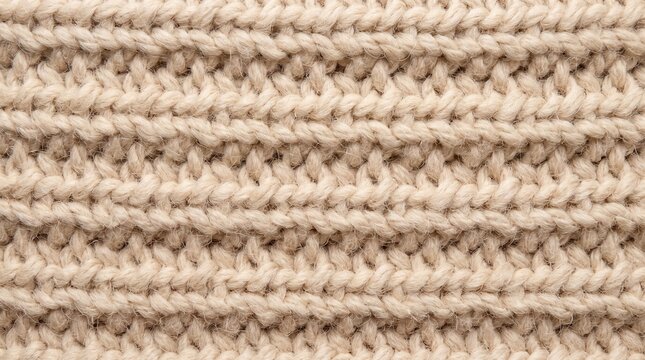 Close up of cream knitted wool fabric with chunky horizontal stitches, soft fuzzy fibers, and warm neutral texture filling the frame as a textile background