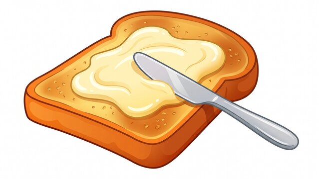Delicious golden butter spreading smoothly across crunchy warm toasted bread slice on white background