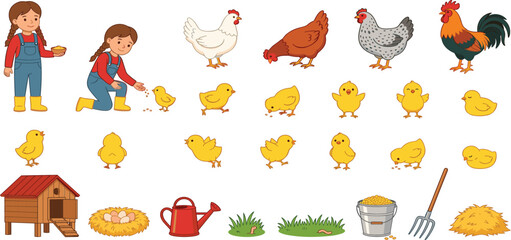 Cute Farm Life Vector Illustration Set Featuring a Young Girl Feeding Hens, Little Yellow Chicks, Hen House, and Agricultural Gardening Tools © MDJahanur