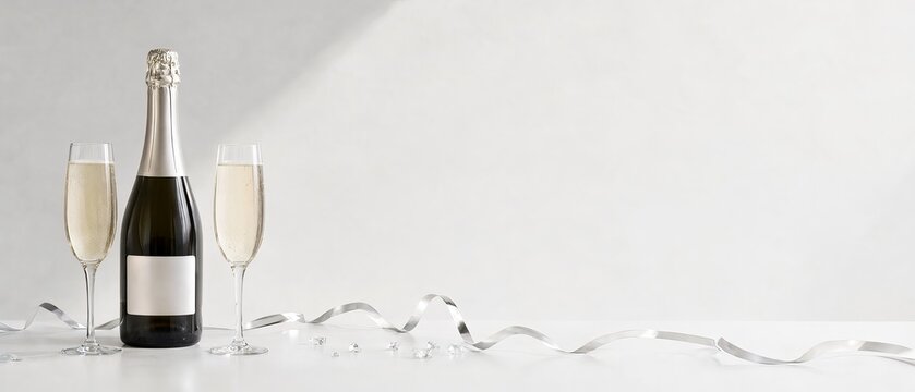 Minimalist Celebration Champagne Bottle with Flute Glasses and Silver Ribbons on Neutral Background