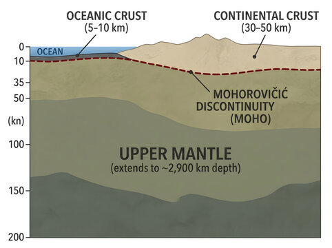 Cross-section diagram of earth's crust layers and moho boundary isolated on white background