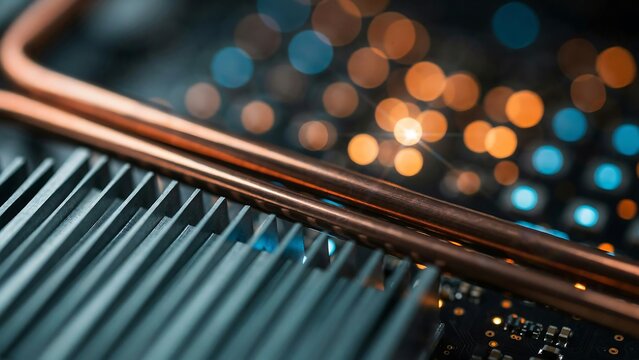 Close up of a computer processor cooling system with copper heat pipes and aluminum fins, featuring a blurred background, of glowing blue, and orange