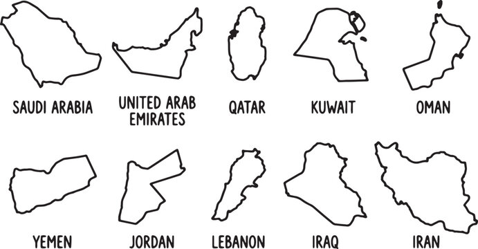 Geographical outlines of Middle Eastern countries such as Saudi Arabia, United Arab Emirates, Qatar, and Kuwait display clean minimalist black line art.