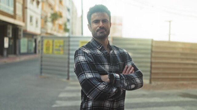 Man with crossed arms wearing a smartwatch stands on a street near a construction fence and crosswalk, looking at camera; confidence resilience.