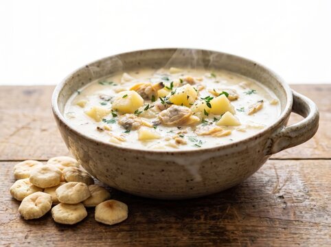 Steaming ceramic bowl of creamy clam chowder with potatoes and oyster crackers on a rustic wood table