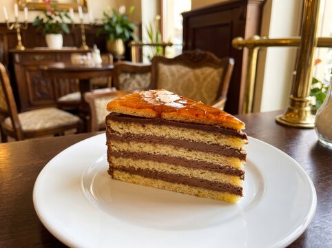 Slice of traditional Hungarian Dobos torte with caramel top served on a white plate in a vintage cafe