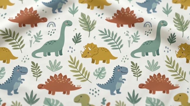 A repeating dinosaur pattern with cute cartoon illustrations of triceratops, stegosaurus, and long-necked sauropods surrounded by tropical leaves and botanical elements on a light background
