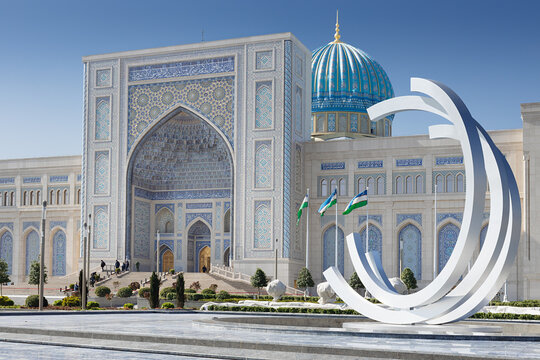 Islamic Civilization Center in Tashkent with ornate tilework portal and turquoise dome. Modern architectural landmark of Uzbekistan ideal for travel and cultural publications.
