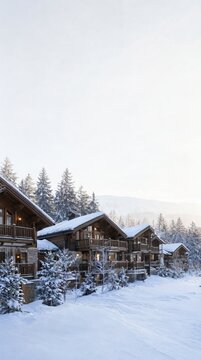 Picturesque winter resort with rustic wooden chalets under frost blankets and soft alpine lighting.