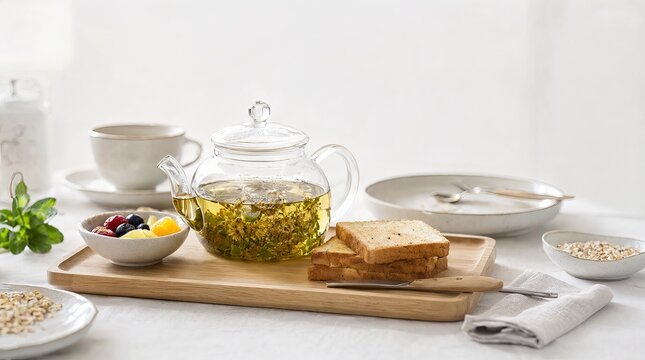 Healthy Gourmet Breakfast Setup With Herbal Tea Glass Pot Fruits Toast And Ingredients In Sunlight.