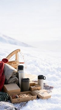 Cozy Winter Picnic Setup With Insulated Bottles And Snacks On A Pristine Snowy Mountain Landscape