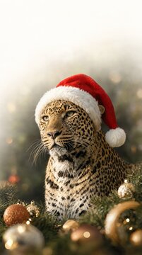 Majestic Leopard Wearing a Red Santa Hat Draped in Elegant Festive Holiday Decor and Christmas Glow
