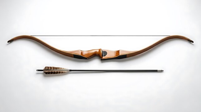 Traditional wooden recurve bow and arrow on white background.