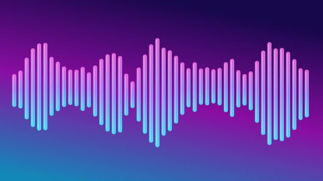 Colorful glowing audio equalizer waveform pulsating dynamically across a vibrant blue and purple gradient background