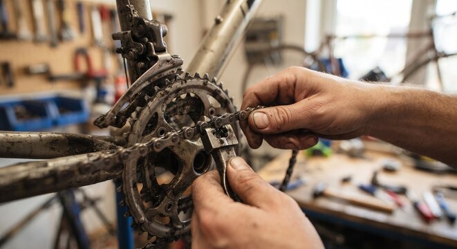 Close-up of a mechanic repairing a bicycle chain with a special tool in a cluttered workshop.