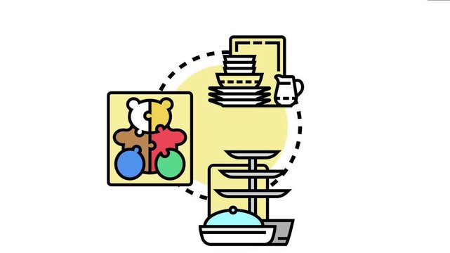 Household items like stacked dishes, a tiered server, and a colorful bear shaped puzzle represent daily tasks and problem solving within a home environment