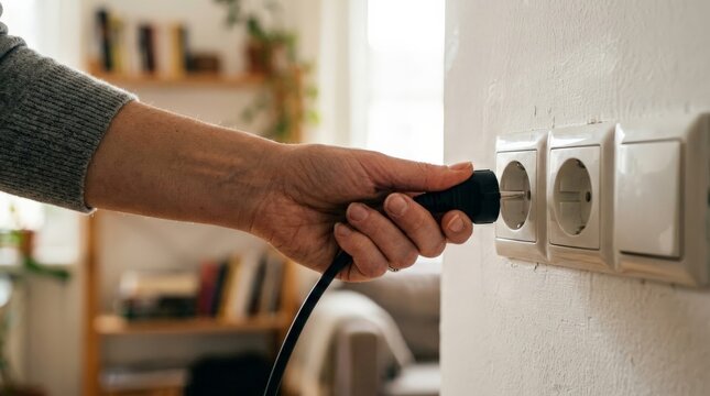 A close up view of a person hand holding a black electrical plug, showing a home interior scene where a device is being unplugged from a wall outlet to save energy