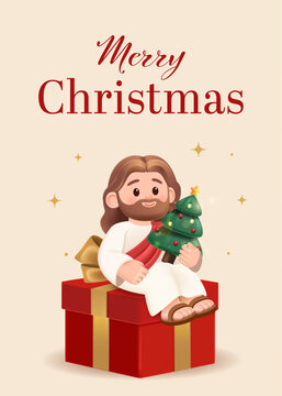 Cute Cartoon Jesus Holding a Decorated Christmas Tree on a Red Gift Box, Christian Christmas Greeting Illustration, Editable Vector Illustration