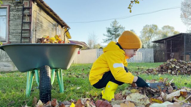 A cheerful toddler in a bright yellow jacket carefully rakes autumn leaves in slow motion. The happy child enjoys helping in a sunny, peaceful rural garden.